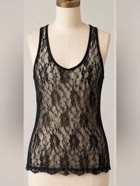 UK2LA Sheer Black Floral Lace Racerback Tank Top  L Whimsigoth Grunge 90s Vibe